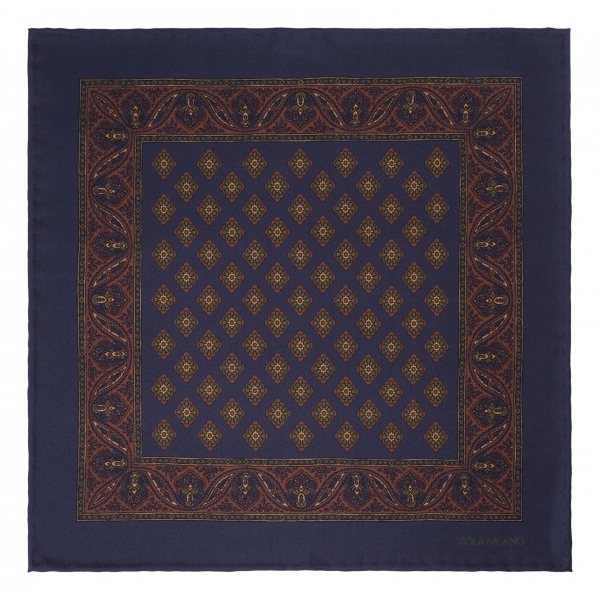 Viola Milano - Diamond Floral Printed Silk Pocket Square - Navy/Brown - Handmade in Italy - Luxury Exclusive Collection