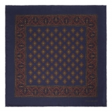 Viola Milano - Diamond Floral Printed Silk Pocket Square - Navy/Brown - Handmade in Italy - Luxury Exclusive Collection