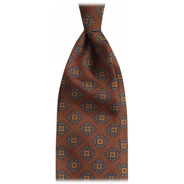 Viola Milano - Diamond Floral Vintage Handprinted Selftipped Silk Tie - Coffee - Handmade in Italy - Luxury Exclusive Collection