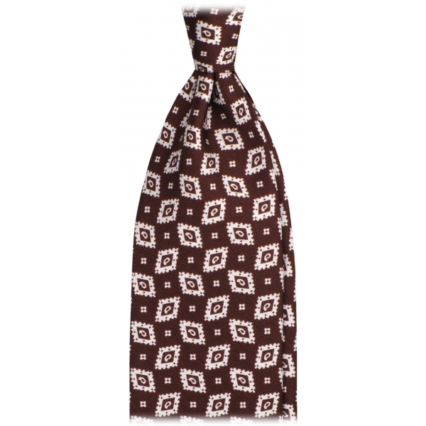 Viola Milano - Cravatta in Seta con Motivo Paisley a Rombi - Marrone/Bianco - Handmade in Italy - Luxury Exclusive Collection