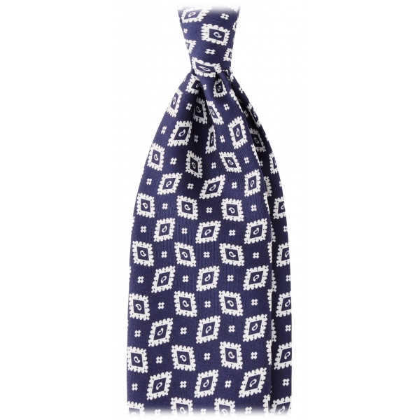 Viola Milano - Cravatta in Seta con Motivo Paisley a Rombi - Navy/Bianco - Handmade in Italy - Luxury Exclusive Collection