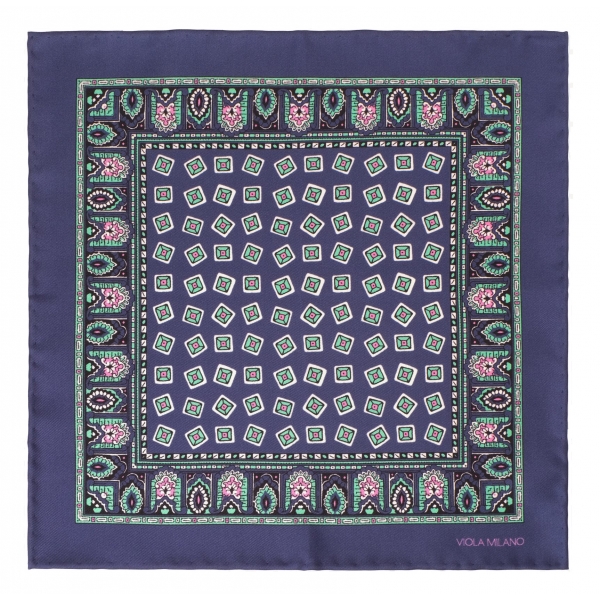 Viola Milano - Fazzoletto in Seta Stampata con Motivo a Rombi - Blu Navy/Menta - Handmade in Italy - Luxury Exclusive Collection