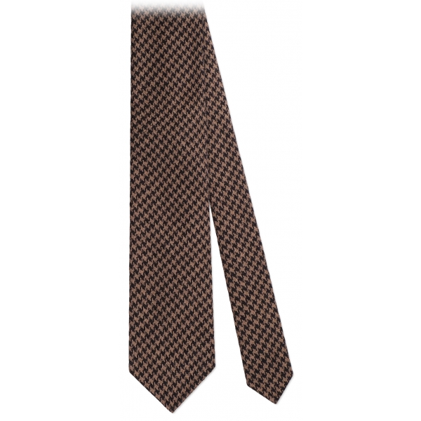 Viola Milano - Cravatta in Cashmere con Motivo a Denti di Cane - Marrone/Beige - Handmade in Italy - Luxury Exclusive Collection
