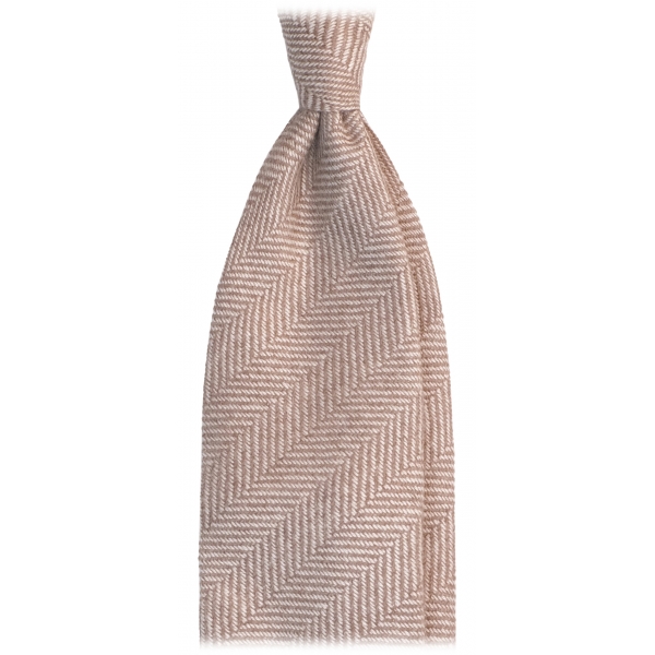 Viola Milano - Herringbone Pattern Handrolled 100% Cashmere Tie - Sand - Handmade in Italy - Luxury Exclusive Collection