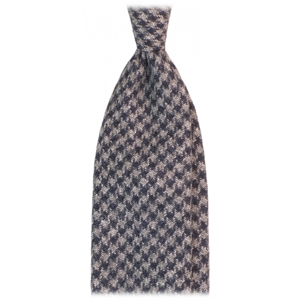Viola Milano - Houndstooth Check Pattern Handrolled Wool Tie - Navy/Grey - Handmade in Italy - Luxury Exclusive Collection