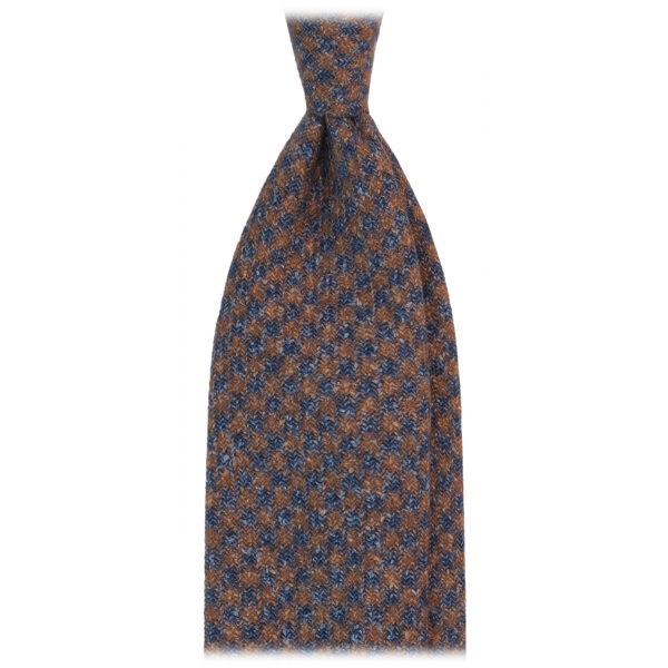 Viola Milano - Houndstooth Pattern Handrolled Wool Tie - Brown/Blue - Handmade in Italy - Luxury Exclusive Collection