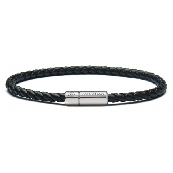 Viola Milano - Italian Braided Leather bracelet With Silver Clasp - Black - Handmade in Italy - Luxury Exclusive Collection