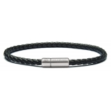 Viola Milano - Italian Braided Leather bracelet With Silver Clasp - Black - Handmade in Italy - Luxury Exclusive Collection