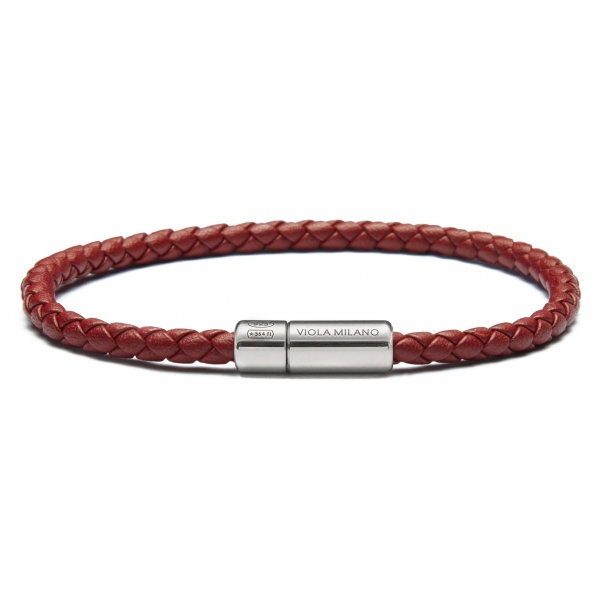 Viola Milano - Italian Braided Leather bracelet with Silver Clasp - Blood - Handmade in Italy - Luxury Exclusive Collection