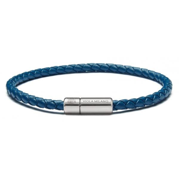 Viola Milano - Italian Braided Leather bracelet with Silver Clasp - Blue - Handmade in Italy - Luxury Exclusive Collection