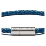Viola Milano - Italian Braided Leather bracelet with Silver Clasp - Blue - Handmade in Italy - Luxury Exclusive Collection