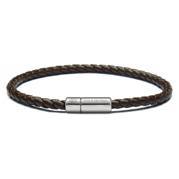 Viola Milano - Italian Braided Leather bracelet with Silver Clasp - Brown - Handmade in Italy - Luxury Exclusive Collection