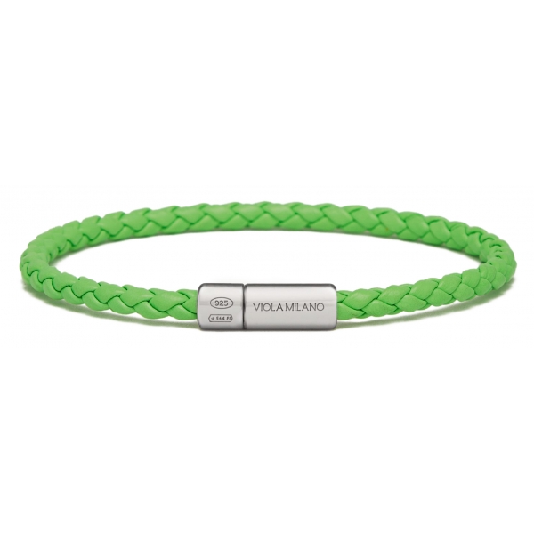 Viola Milano - Italian Braided Leather bracelet with Silver Clasp - Lime - Handmade in Italy - Luxury Exclusive Collection
