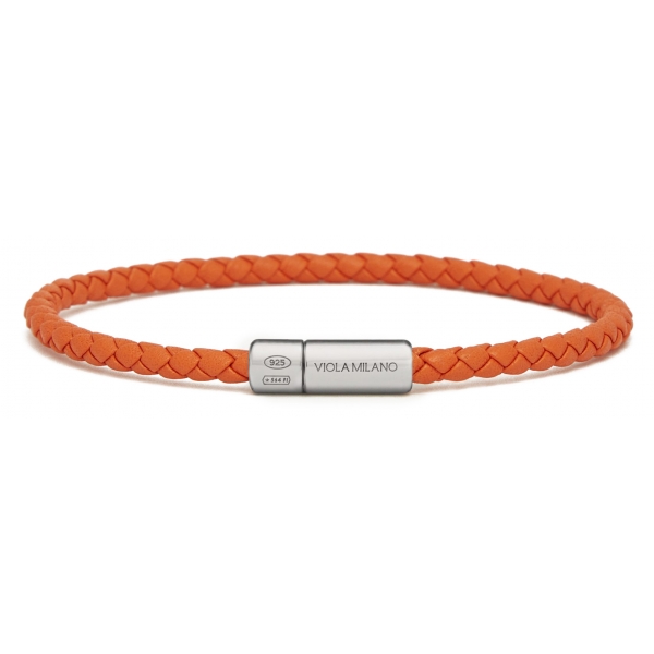 Viola Milano - Italian Braided Leather bracelet with Silver Clasp - Orange - Handmade in Italy - Luxury Exclusive Collection