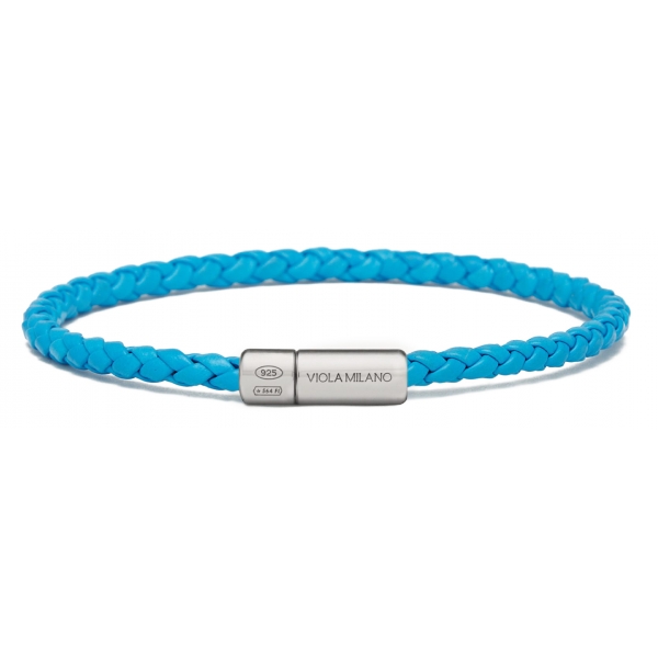 Viola Milano - Italian Braided Leather bracelet with Silver Clasp - Sky Blue - Handmade in Italy - Luxury Exclusive Collection