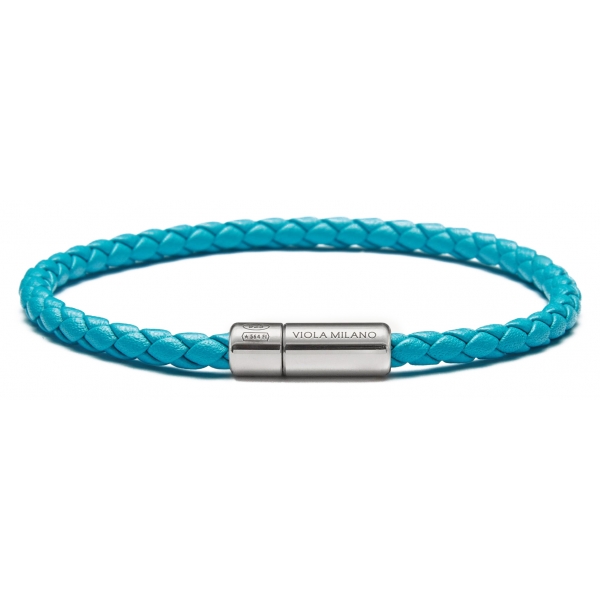 Viola Milano - Italian Braided Leather bracelet with Silver Clasp - Turquoise - Handmade in Italy - Luxury Exclusive Collection