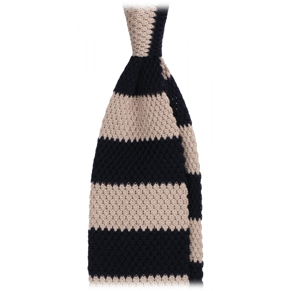 Viola Milano - Knitted Classic Stripe Silk Tie - Navy/Sand - Handmade in Italy - Luxury Exclusive Collection