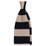Viola Milano - Knitted Classic Stripe Silk Tie - Navy/Sand - Handmade in Italy - Luxury Exclusive Collection
