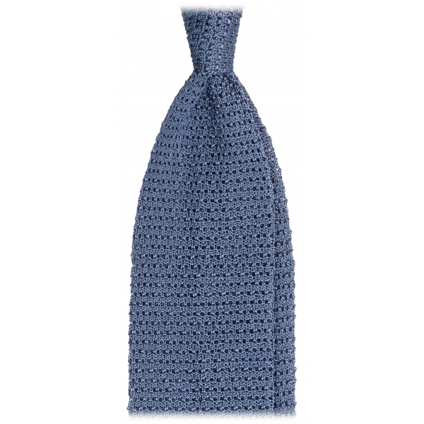 Viola Milano - Knitted Solid V-End Silk Tie - Sea Denim - Handmade in Italy - Luxury Exclusive Collection