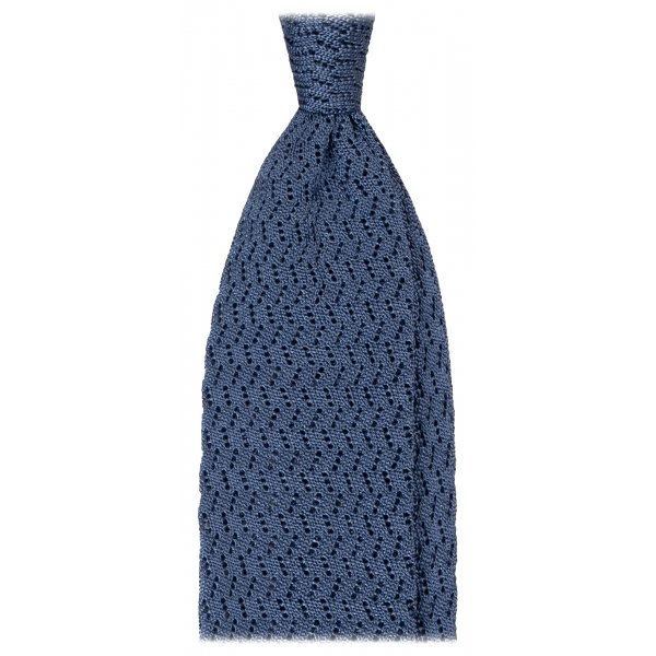 Viola Milano - Cravatta in Seta con Motivo a Zig-Zag - Mare Denim - Handmade in Italy - Luxury Exclusive Collection