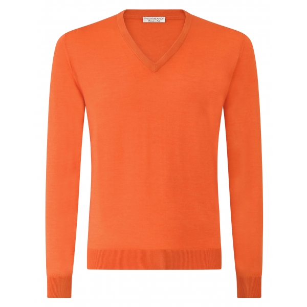 Viola Milano - Maglione di Lusso Con Scollo a V in Misto Cashmere - Arancione - Handmade in Italy - Luxury Exclusive Collection