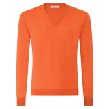 Viola Milano - Luxury Cashmere Blend V-Neck Sweater - Orange - Handmade in Italy - Luxury Exclusive Collection