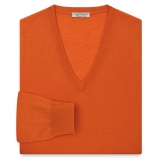 Viola Milano - Luxury Cashmere Blend V-Neck Sweater - Orange - Handmade in Italy - Luxury Exclusive Collection