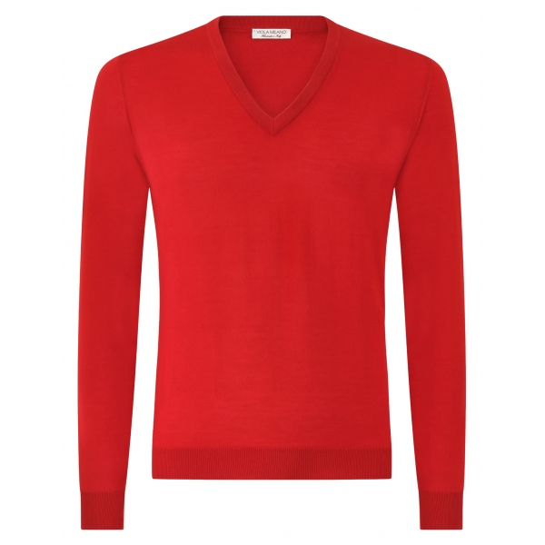 Viola Milano - Luxury Cashmere Blend V-Neck Sweater - Red - Handmade in Italy - Luxury Exclusive Collection