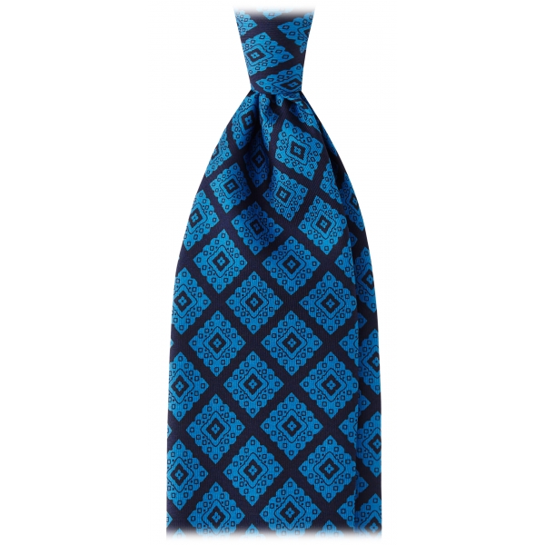 Viola Milano - Cravatta in Seta Madder Stampa a Mano e Medaglione - Blu Navy - Handmade in Italy - Luxury Exclusive Collection