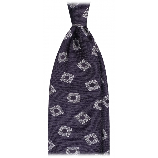 Viola Milano - Cravatta in Seta Intrecciata con Medaglione - Blu Navy/Bianco - Handmade in Italy - Luxury Exclusive Collection