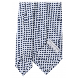 Viola Milano - Cravatta in Seta Micro Bloom con Ricamo - Bianco/Blu Navy - Handmade in Italy - Luxury Exclusive Collection