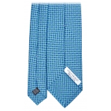 Viola Milano - Micro Floral 3-Fold Handprinted Selftipped Silk Tie - Sea - Handmade in Italy - Luxury Exclusive Collection