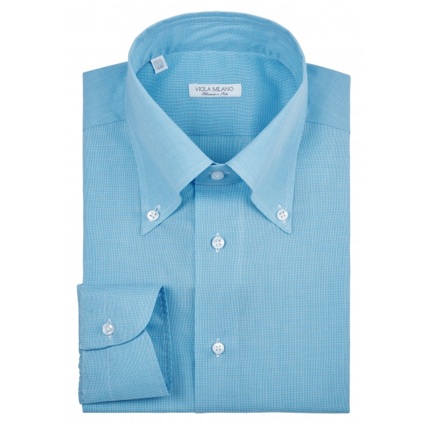 Viola Milano - Camicia Carlo Riva Voila Tela con Motivo Micro - Turchese - Handmade in Italy - Luxury Exclusive Collection