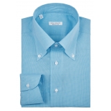Viola Milano - Camicia Carlo Riva Voila Tela con Motivo Micro - Turchese - Handmade in Italy - Luxury Exclusive Collection