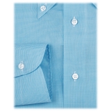 Viola Milano - Camicia Carlo Riva Voila Tela con Motivo Micro - Turchese - Handmade in Italy - Luxury Exclusive Collection
