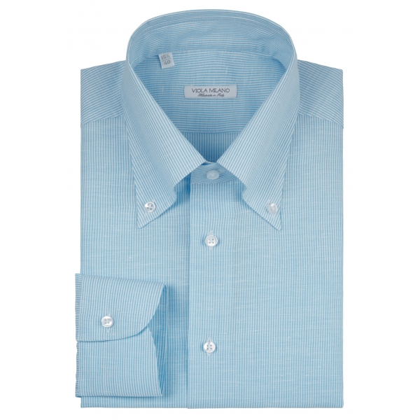 Viola Milano - Stripe Carlo Riva 100% Linen Button-Down Shirt - Turqouise Sea - Handmade in Italy - Luxury Exclusive Collection