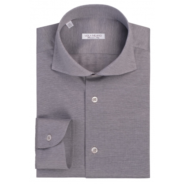 Viola Milano - Micro Stripe Cotton Stretch Cut-Away Collar Shirt - Grey/White - Handmade in Italy - Luxury Exclusive Collection