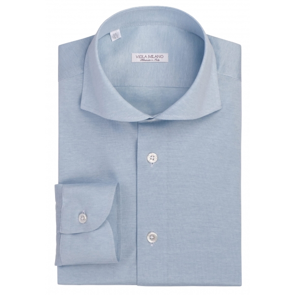 Viola Milano - Micro Stripe Cotton Cut-Away Collar Dress Shirt - Sea/White - Handmade in Italy - Luxury Exclusive Collection
