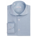 Viola Milano - Micro Stripe Cotton Cut-Away Collar Dress Shirt - Sea/White - Handmade in Italy - Luxury Exclusive Collection
