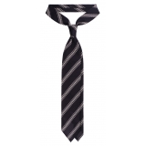 Viola Milano - Cravatta a Righe Miste a 3 Pieghe - Blu Navy/Marrone - Handmade in Italy - Luxury Exclusive Collection