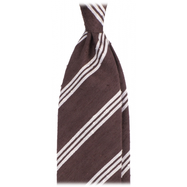 Viola Milano - Cravatta in Shantung con Righe Multiple - Marrone/Bianco - Handmade in Italy - Luxury Exclusive Collection