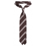 Viola Milano - Cravatta in Shantung con Righe Multiple - Marrone/Bianco - Handmade in Italy - Luxury Exclusive Collection
