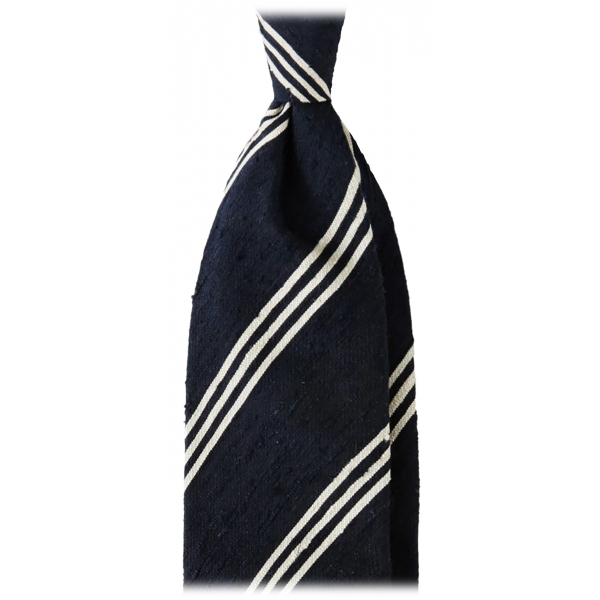 Viola Milano - Cravatta in Shantung con Righe Multiple - Navy/Bianco - Handmade in Italy - Luxury Exclusive Collection