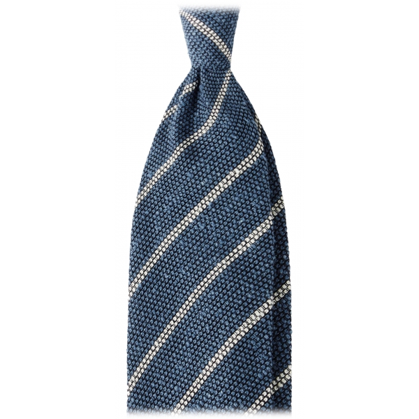 Viola Milano - Cravatta in Granatina/Shantung a Righe - Mare/Bianco - Handmade in Italy - Luxury Exclusive Collection