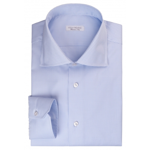 Viola Milano - Camicia da Abito con Colletto New York - Micro Spunta Blu - Handmade in Italy - Luxury Exclusive Collection