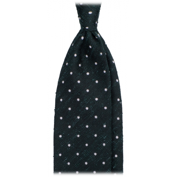 Viola Milano - Cravatta in Shantung Intrecciato a Mano a Pois - Foresta/Bianco - Handmade in Italy - Luxury Exclusive Collection