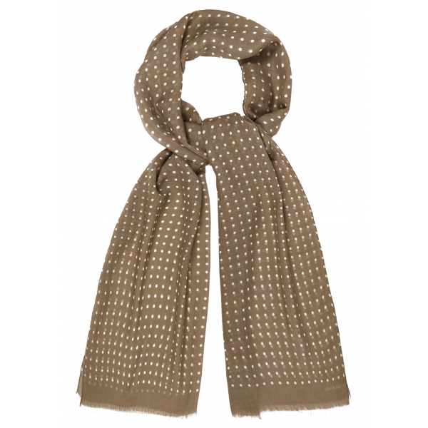 Viola Milano - Polka Dot Printed 100% Cashmere Scarf - Sand/White - Handmade in Italy - Luxury Exclusive Collection