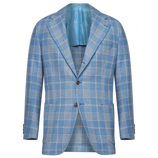 Viola Milano - Blazer Sartoriale Semi-foderato 100% Cashmere - Check Azzurro - Handmade in Italy - Luxury Exclusive Collection