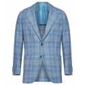 Viola Milano - Blazer Sartoriale Semi-foderato 100% Cashmere - Check Azzurro - Handmade in Italy - Luxury Exclusive Collection
