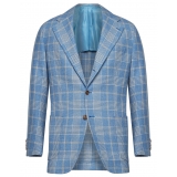 Viola Milano - Blazer Sartoriale Semi-foderato 100% Cashmere - Check Azzurro - Handmade in Italy - Luxury Exclusive Collection